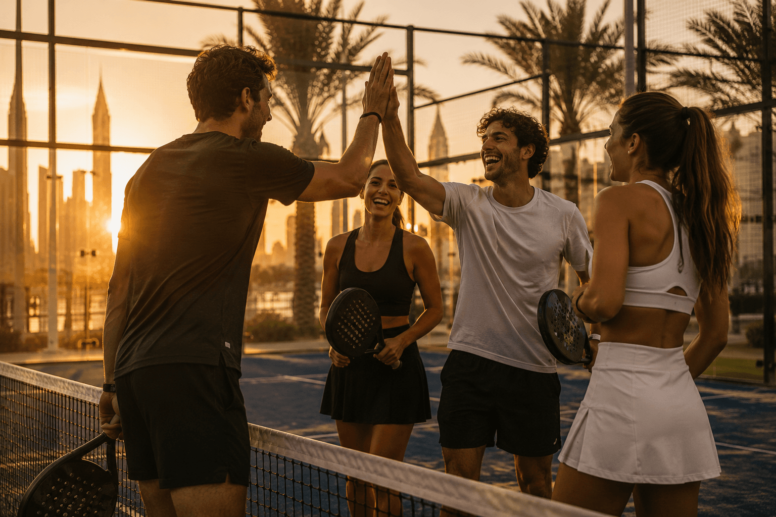 PadelMates community members high-fiving at sunset on a Dubai padel court
