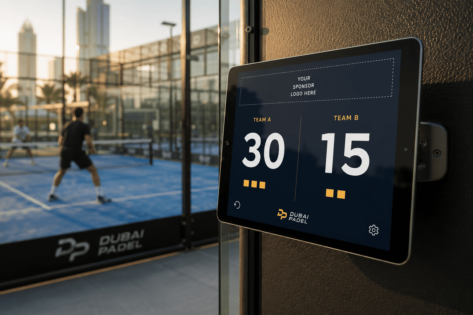iPad mounted court-side at Dubai Padel showing live scoreboard with sponsor logo zone